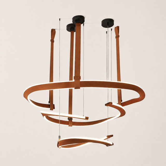 A modern spiral LED chandelier with a warm brown wood-look frame and white diffuser strips, suspended from black ceiling plates against a light beige background.