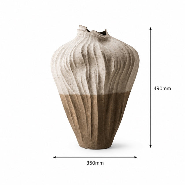 A ribbed ceramic vase with a textured beige top half and a brown bottom half, shown with dimension arrows indicating a height of 490mm and a base width of 350mm on a white background.