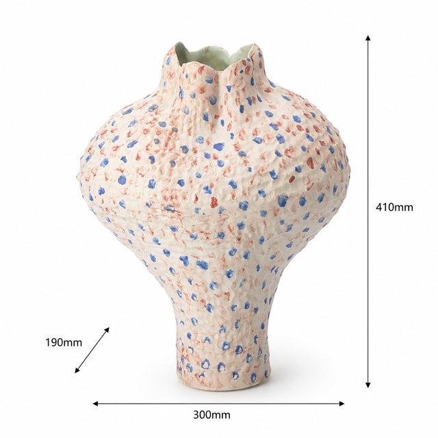 A ceramic vase with a textured, speckled finish in beige, blue, and red, shown with dimension lines indicating a height of 410mm, width of 300mm, and depth of 190mm.