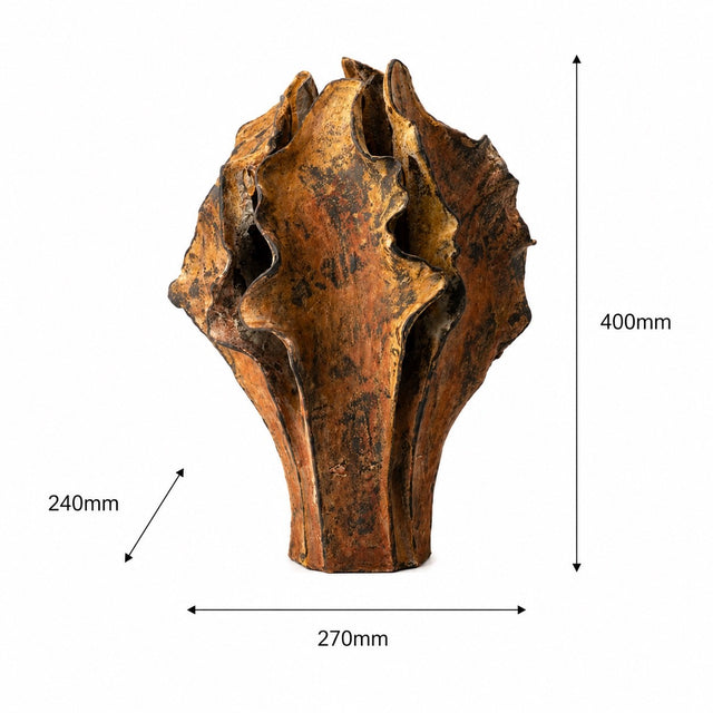 A sculptural vase with a textured, organic shape in earthy brown and rust tones, shown with dimension lines and labels indicating a height of 400mm, width of 270mm, and depth of 240mm on a white background.