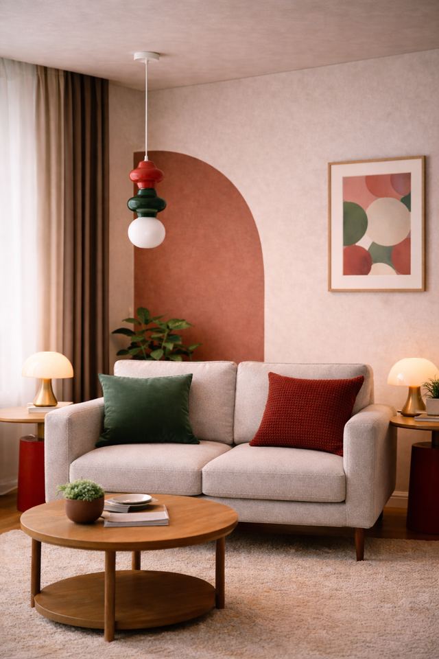 Modern living room with a sofa, coffee table, and decorative elements.