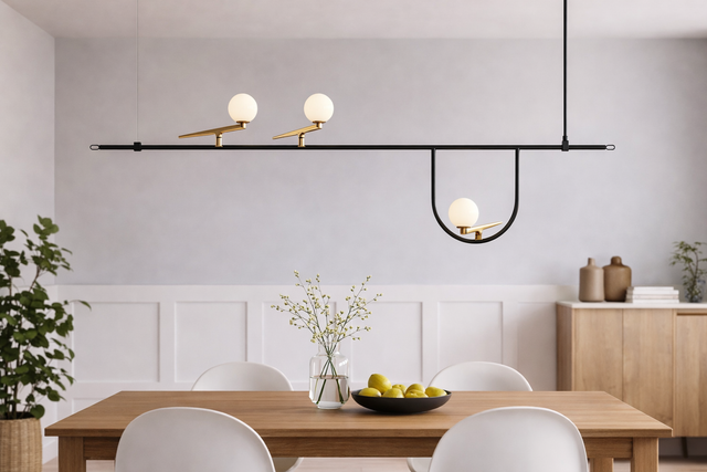Modern dining room with wooden table, chairs, and decorative elements.