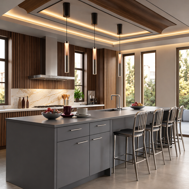 Modern kitchen with a large island and bar stools, featuring wooden accents and large windows.