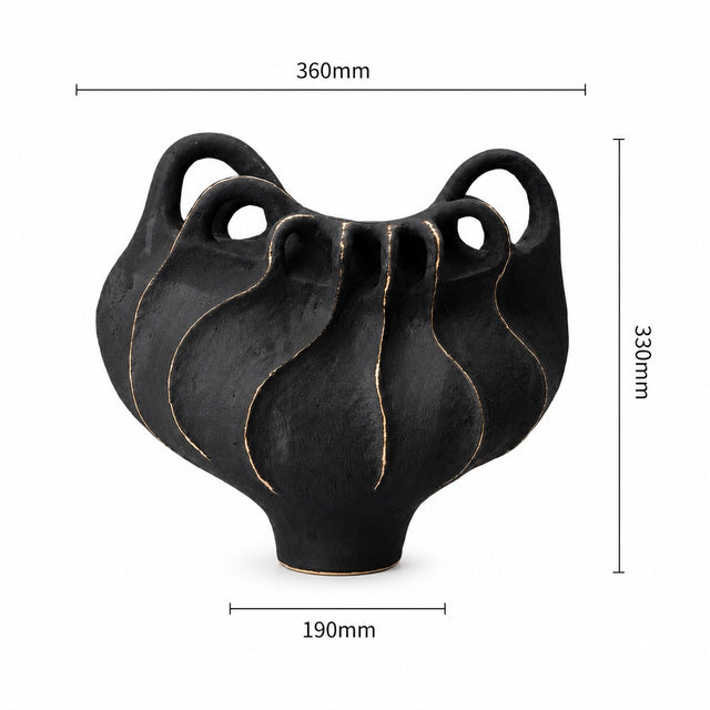 A black sculptural ceramic vase with a ribbed, wavy surface and two loop handles, shown with dimension lines and labels indicating 360mm width, 330mm height, and 190mm base width on a white background.