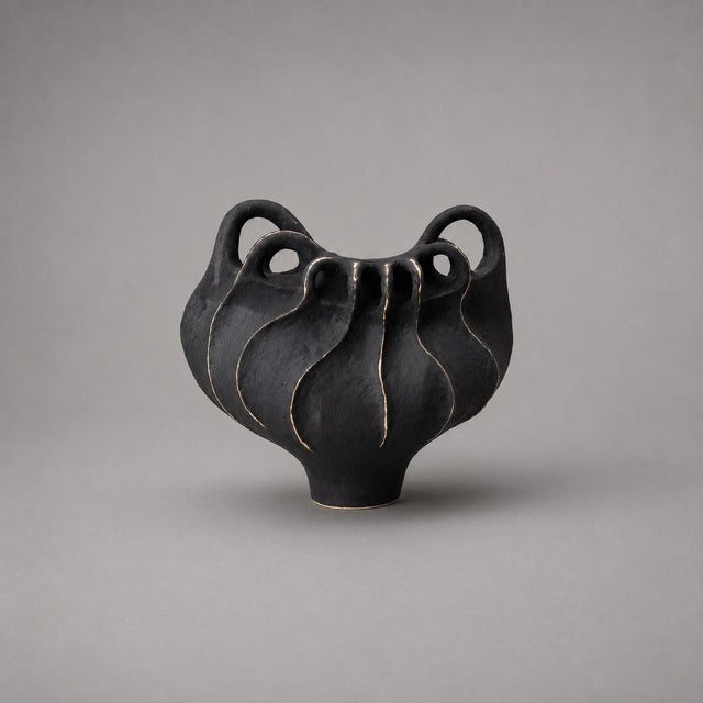 A black ceramic vase with a sculptural, ribbed design and two loop handles, photographed against a neutral gray background.