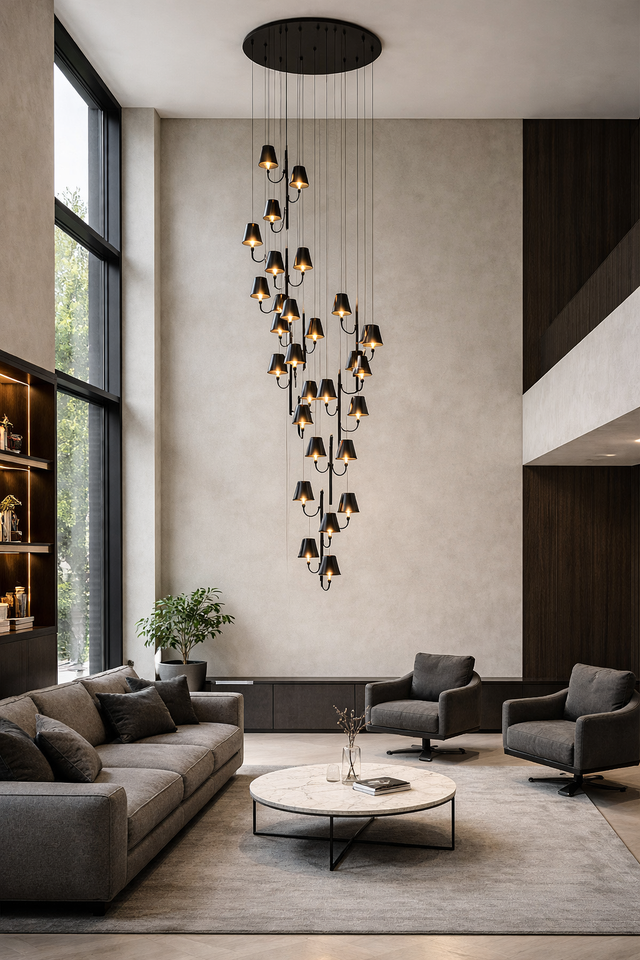 Modern living room with a large chandelier, gray sofa, and round coffee table.