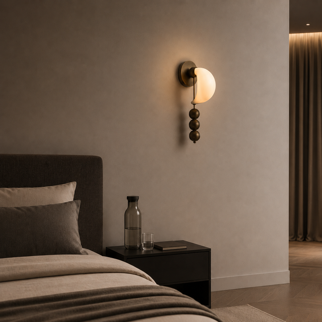 Modern bedroom with a wall sconce, bed, and nightstand.
