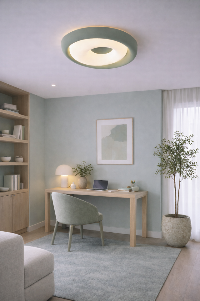Modern home office with a ceiling light fixture, desk, chair, and decor elements.