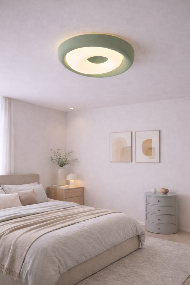 Modern bedroom with a ceiling light fixture, bed, and side tables.