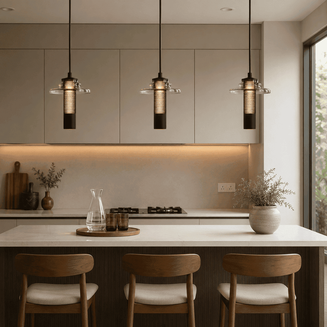 Modern kitchen with pendant lights, island, and chairs