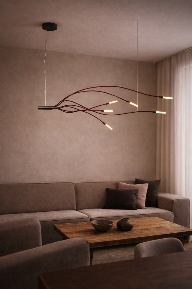 Modern living room with a unique ceiling light fixture and a gray sofa.