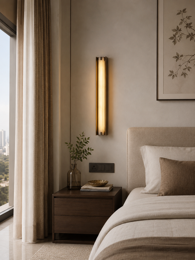 Modern bedroom with a bed, nightstand, and wall sconce.