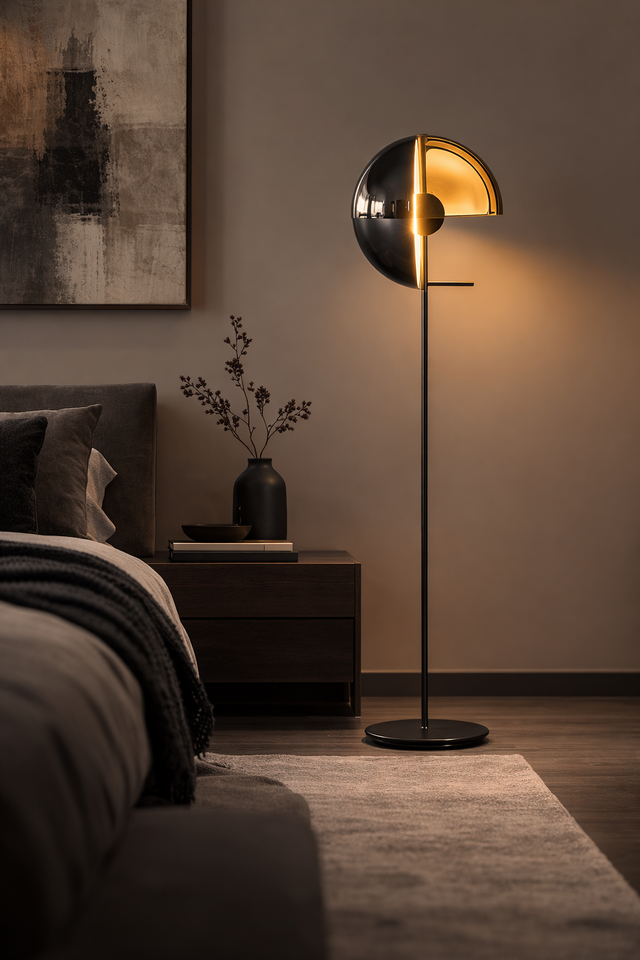 Modern bedroom with a floor lamp, bed, and abstract art on the wall.