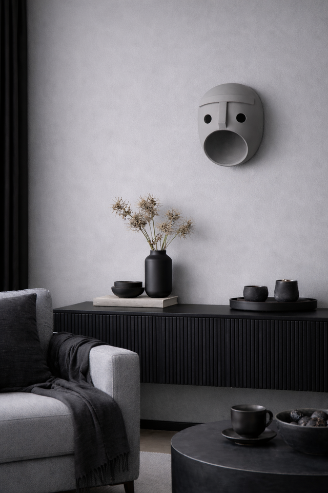 Modern living room with a gray wall, gray sofa, and decorative mask.