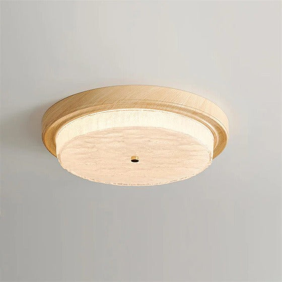 Ceiling light fixture with wooden finish on a plain background