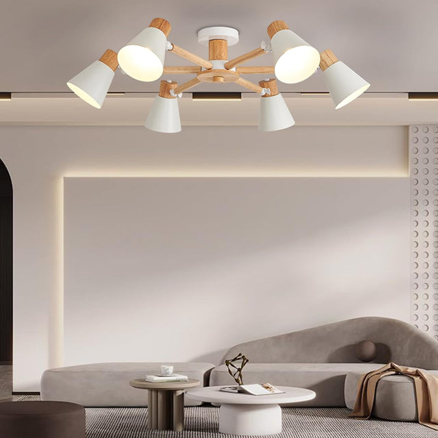 Modern ceiling light fixture in a living room setting with neutral colors.