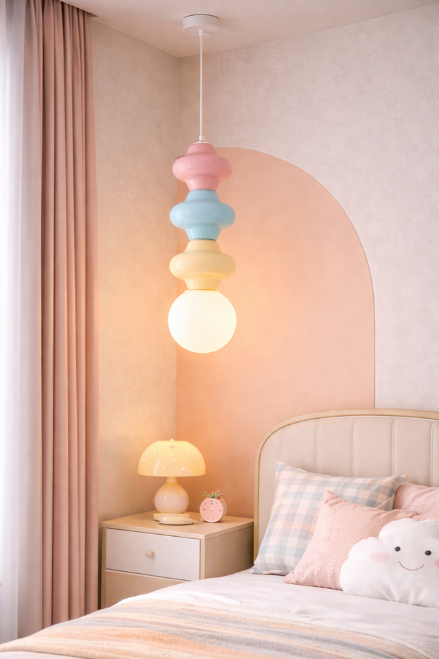 Pastel-colored pendant light hanging above a bed in a bedroom with pink walls and a nightstand.