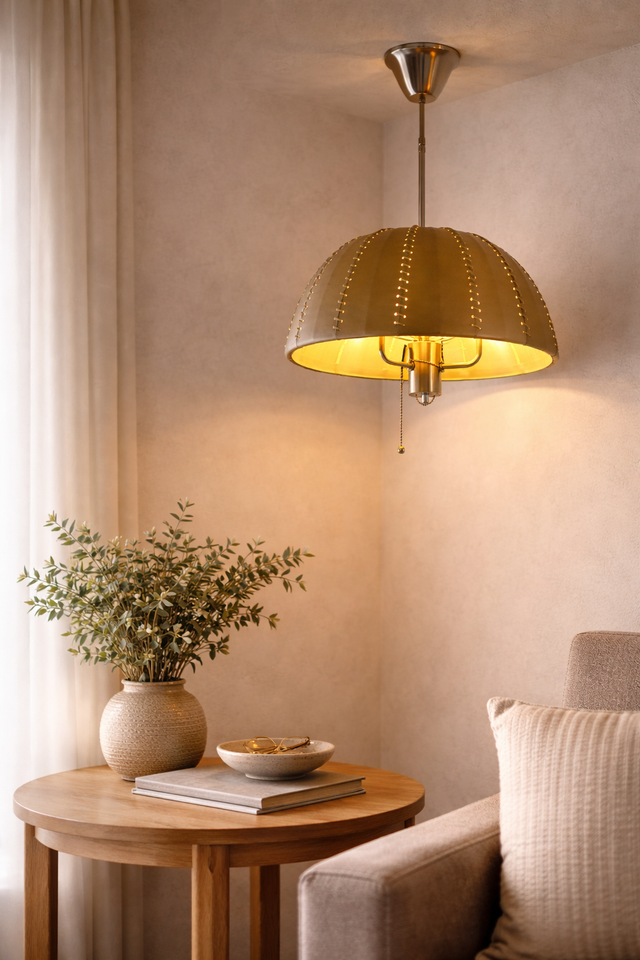 Gold pendant light fixture in a room with a small table and plant.