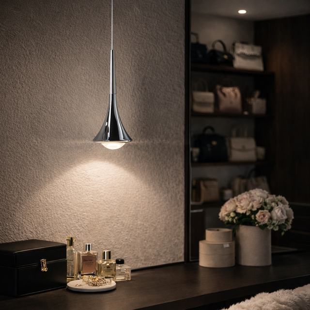 Modern pendant light fixture on a dark surface with decorative items in the background