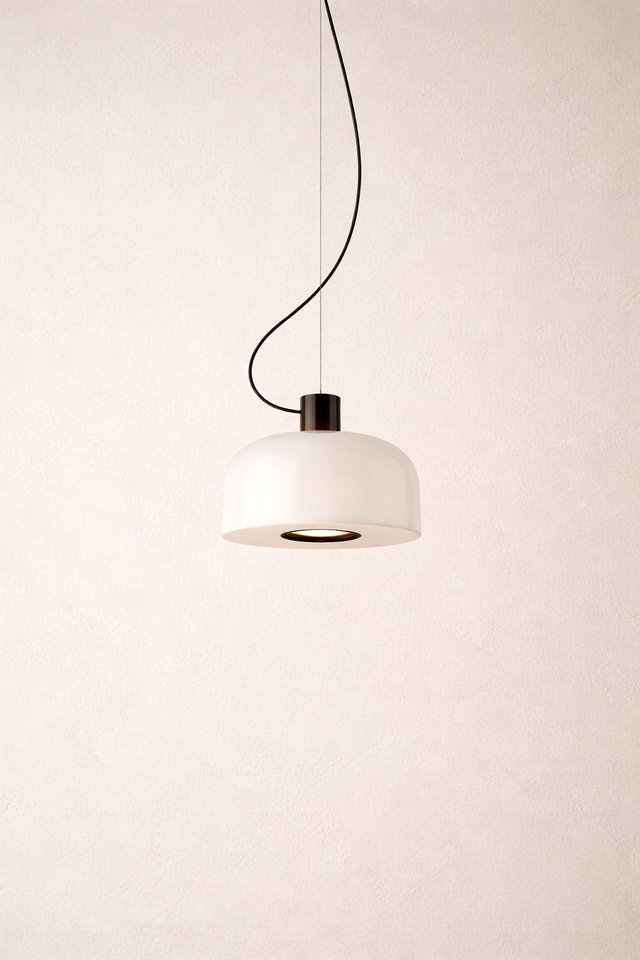 Modern pendant light hanging against a plain white wall