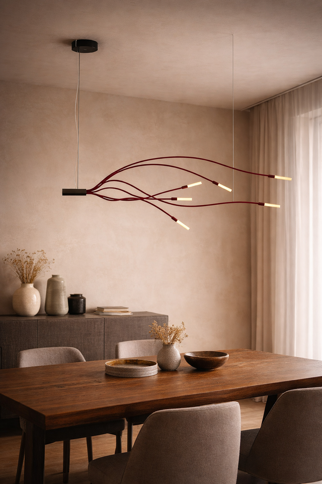 Modern dining room with a unique pendant light fixture.