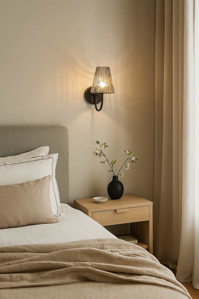 Bedroom with a bed, nightstand, lamp, and curtains.