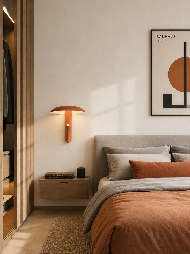 Modern bedroom with a bed, nightstand, and wall lamp.