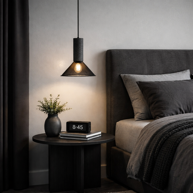 Modern bedroom with a bed, nightstand, and pendant light.