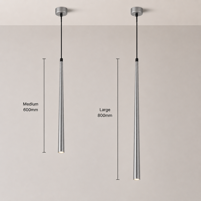Two modern pendant light fixtures with tapered brushed-metal shades shown against a plain wall, with dimension labels indicating medium 600mm and large 800mm lengths.