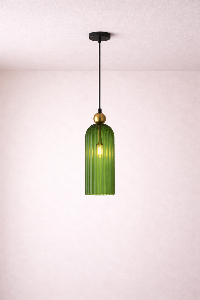 Green pendant light with a gold accent on a white background