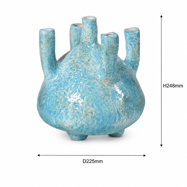 A light blue glazed ceramic vase with a textured, mottled finish and five protruding necks, shown on a white background with dimension lines indicating a height of 248mm and a diameter of 225mm.