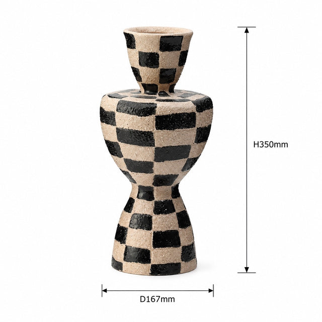 A ceramic vase with a black and beige checkerboard pattern, shown with dimension lines indicating a height of 350mm and a base diameter of 167mm on a white background.