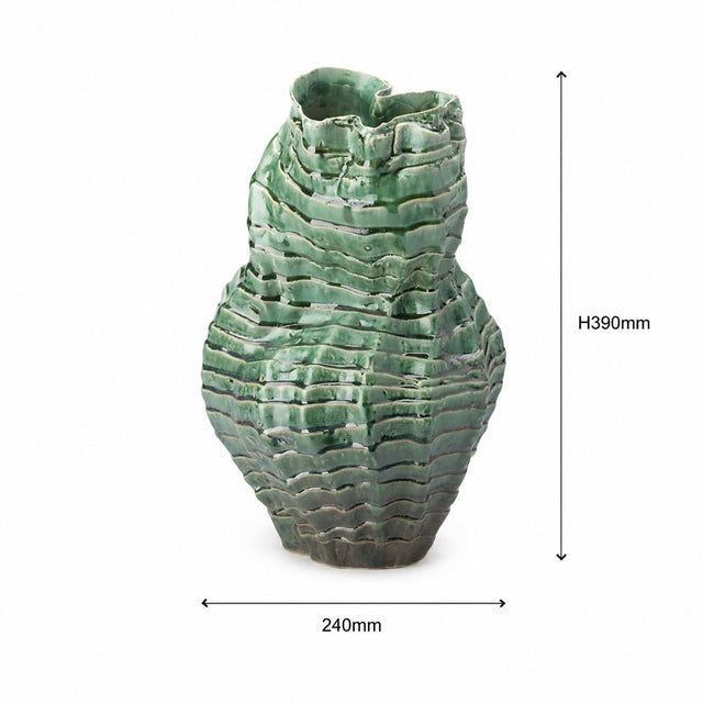 A green glazed ceramic vase with a textured, ridged surface and an irregular, hand-painted rim, shown with dimension lines indicating a height of 390mm and a width of 240mm on a white background.