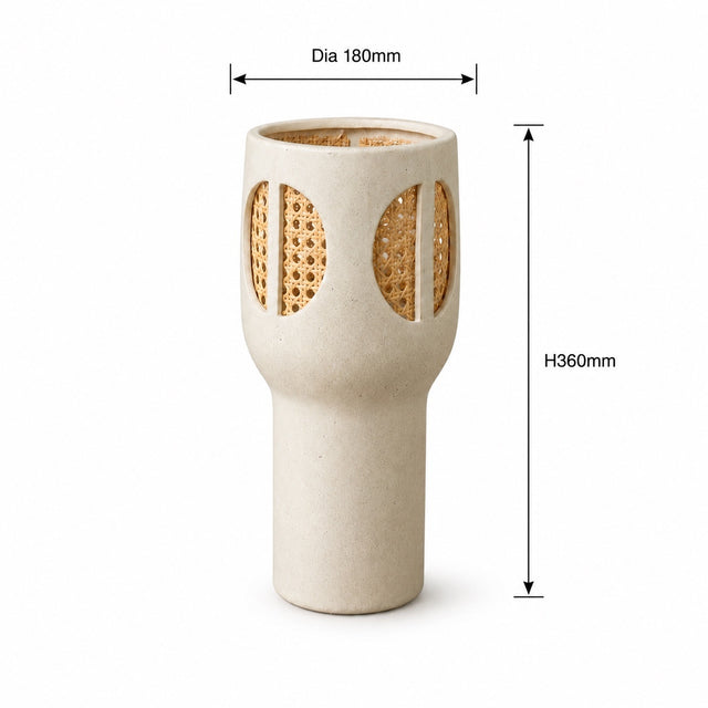 A beige ceramic planter with woven cane accents, shown with dimension lines indicating a diameter of 180mm and height of 360mm on a white background.
