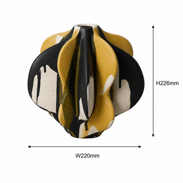 A sculptural ceramic vase with a glossy finish, featuring a pattern of mustard yellow, black, and cream drips. The image includes dimension lines indicating a height of H226mm and a width of W220mm on a plain white background.