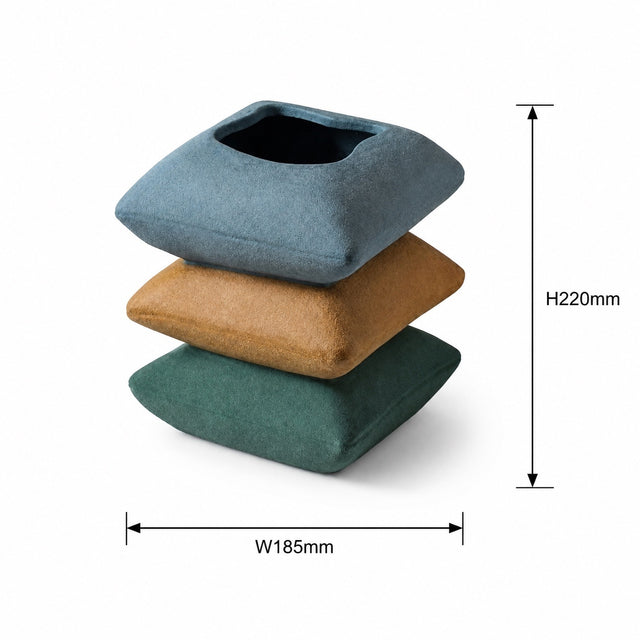 Three square fabric storage pouches stacked vertically, shown with dimension markers indicating a height of 220mm and width of 185mm on a white background.