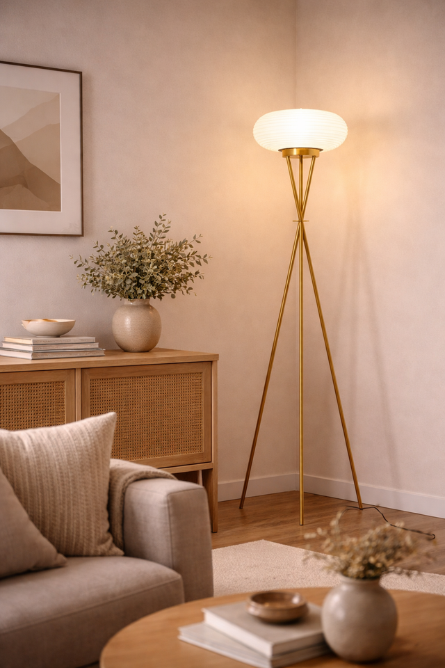 Living room with a floor lamp, sofa, and side table.