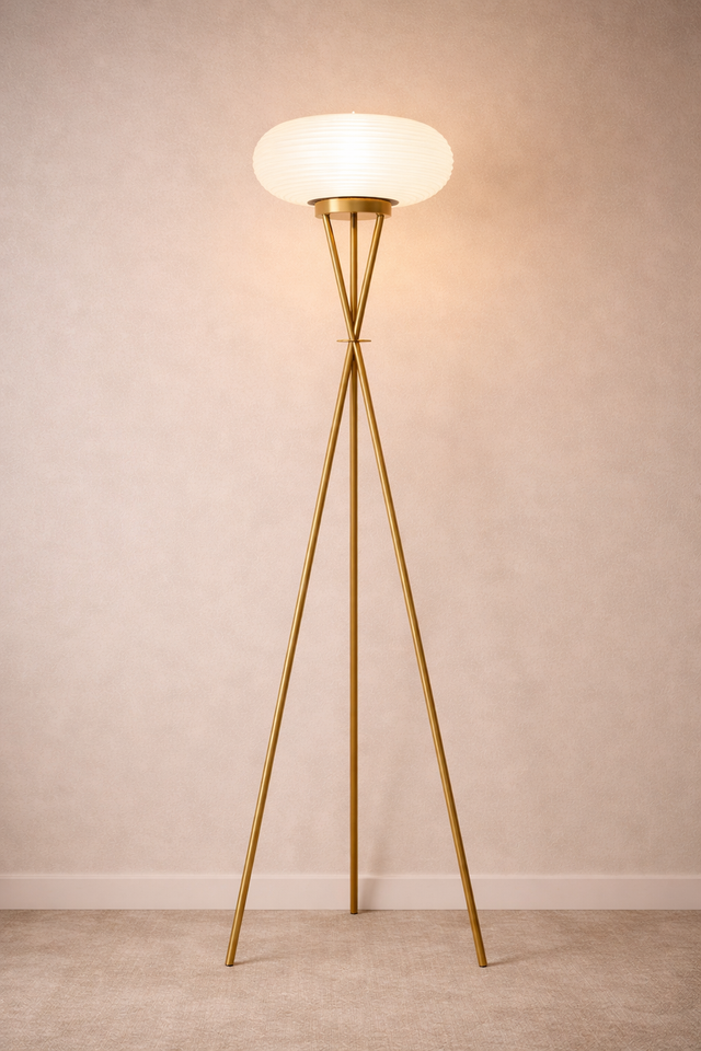Gold tripod floor lamp with a white shade against a beige wall.
