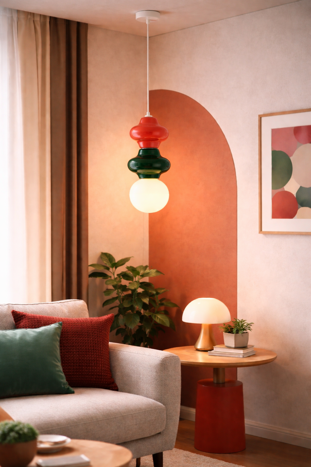 Modern living room with colorful pendant light, sofa, and decor