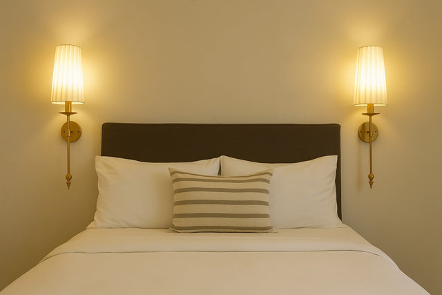 Bedroom with a bed featuring pillows and a striped pillow, illuminated by wall sconces.