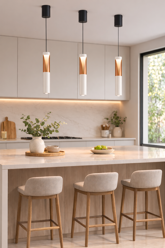 Modern kitchen with pendant lights, bar stools, and a window view.