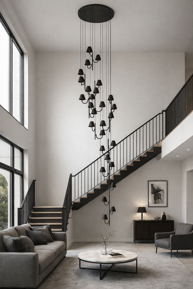 Modern interior with a staircase, chandelier, and living room furniture.