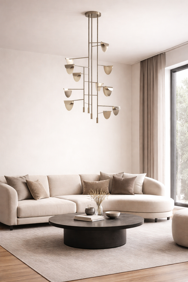 Modern living room with a beige sectional sofa, round coffee table, and chandelier.