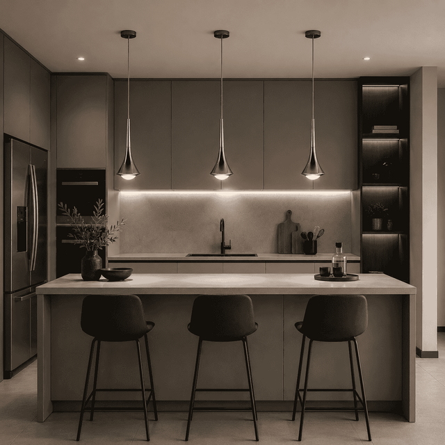 Modern kitchen with pendant lights, island, and bar stools.