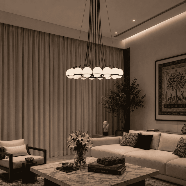 Modern living room with a chandelier, sofa, and decorative items.