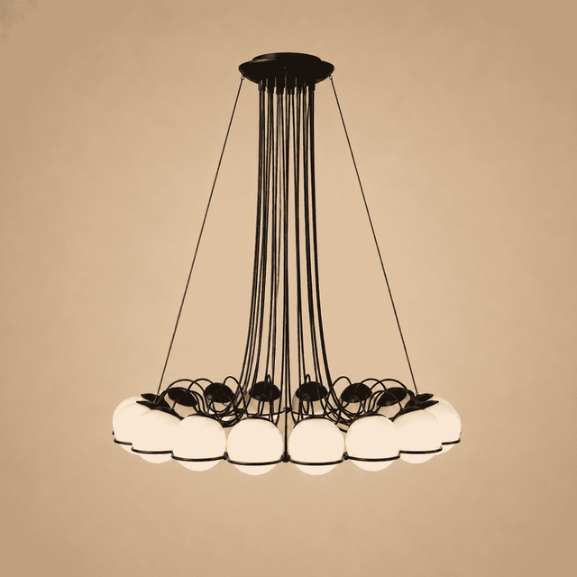 Modern chandelier with white glass shades and black metal structure on a beige background