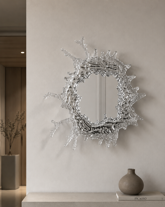 Decorative wall mirror with a unique, organic design on a neutral wall.