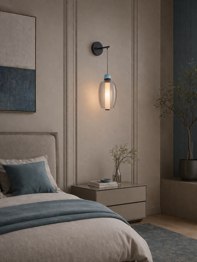 Modern bedroom with a bed, nightstand, and wall sconce.