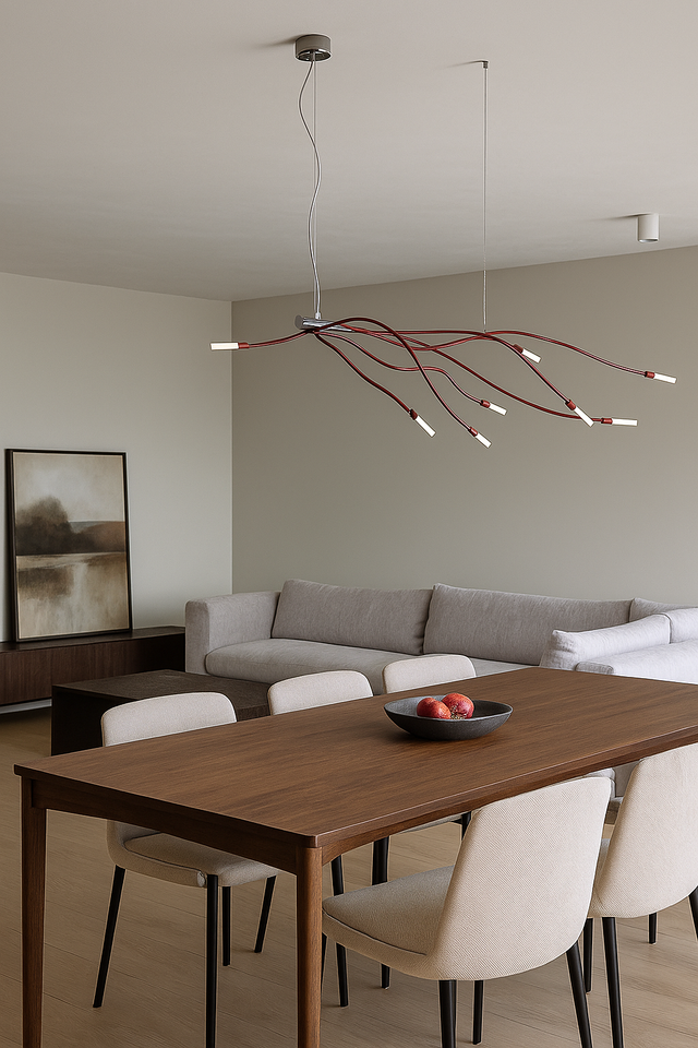 Modern dining room with a wooden table, chairs, and a unique ceiling light fixture.