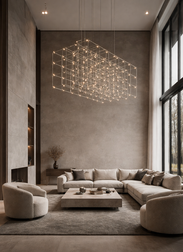 Modern living room with a large chandelier, sectional sofa, and floor-to-ceiling windows.